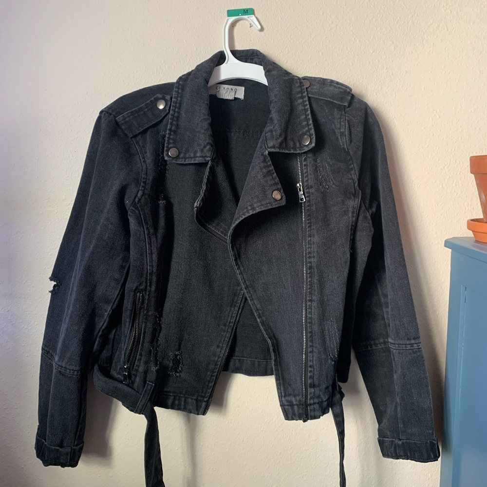 Black denim motorcycle jacket